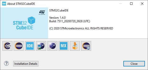 Screenshot of the STM32CubeIDE about dialog to show the version of the IDE that is used for importing the TrueSTUDIOprojects.