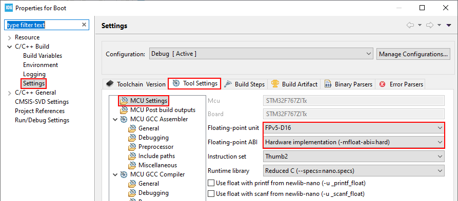 Screenshot of the project settings that show you how to configure the floating point unit settings.