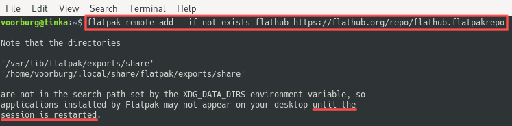 Terminal screenshot that shows you how to register the remote Flathub repository, using the flatpak command line utility.