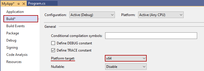 Setting the C# platform target to x64
