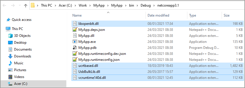 Windows explorer screenshot that shows that the LibOpenBLT run-time library files were copied to the same directory as where the C# console application's executable is located.
