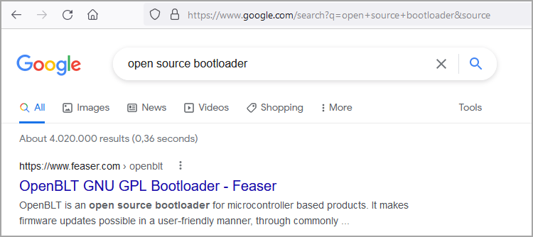 Screenshot of searching for "open source bootloader" in Google, that illustrates that the OpenBLT bootloader is the first search result.