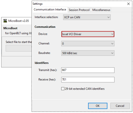 Screenshot of the MicroBoot settings that show that you can now select Ixxat CAN PC Interfaces by selecting "Ixxat VCI Driver" from the drop-down selection box.