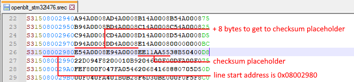 Inspecting the s-record to locate the newly added placeholder value for the signature checksum, and verifying that it is at the correct location in flash.