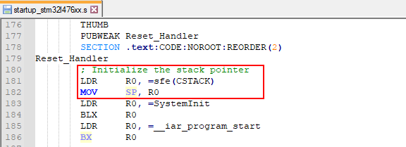 Adding code to explicitly initialize the stackpointer as the first thing in the reset interrupt handler.