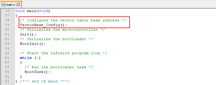 Screenshot of function main() that shows how to call the newly added function for remapping the base address of the vector table.