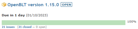 Redmine roadmap progress image showing that OpenBLT release 1.15 is ready and on time.