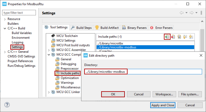 STM32CubeIDE project settings screenshot that highlights how to add the microtbx-modbus directory to the include path.